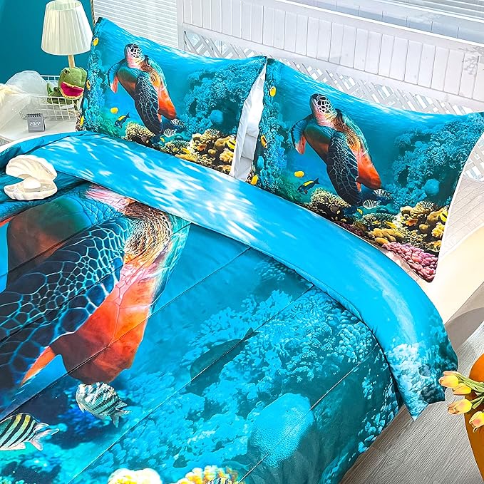 CVHOUSE Sea Turtle Bedding Set,Sea Turtle Comforter Twin,Ocean Beach Comforter Set for Boys Kids Girls,Ocean Quilt Set with 1 Comforter and 2 Pillow Cases - LeafyLoom