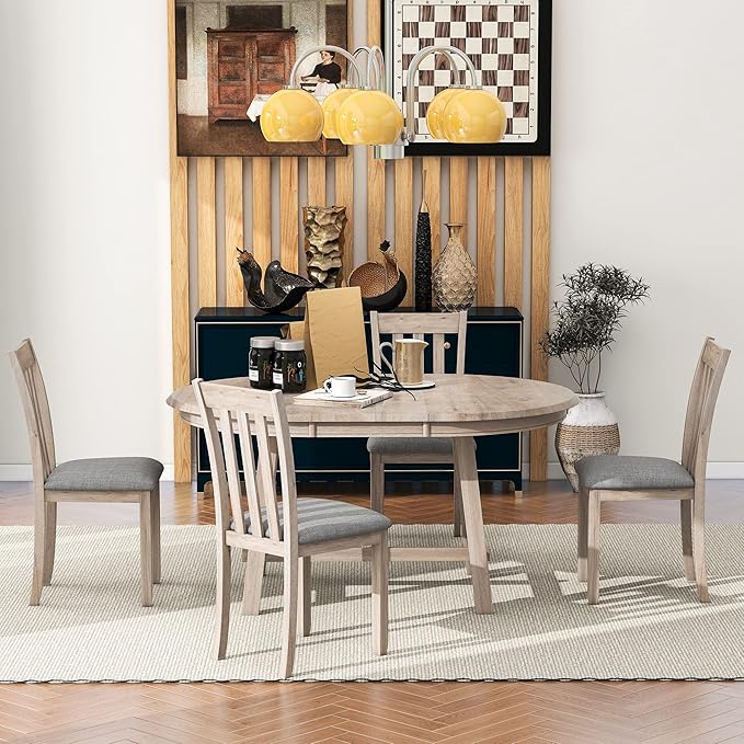 NicBex Small Dining Table Set for 4 Kitchen Table and Chairs 5-Piece Wood Dining Table Set Round Extendable Dining Table with 4 Dining Chairs for Dining Room, Natural Wood Wash - LeafyLoom