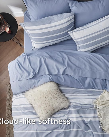 Bedsure Bed in a Bag Queen 7 Pieces - Blue Striped Comforter Set Queen All Season Bed Set, Bed Set Queen Size with 1 Comforter, 1 Flat Sheet, 1 Fitted Sheet, 2 Pillowcases & 2 Shams - LeafyLoom