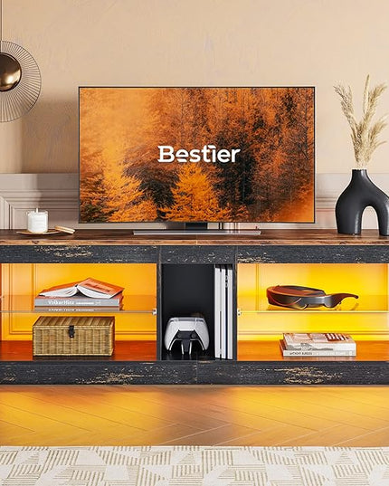 Bestier RGB TV Stand for 65+ Gaming Entertainment Center Gaming LED TV Media Console Table with 2 Glass Shelf PS Gaming TV Cabinet for Living Room, Golden Black - LeafyLoom