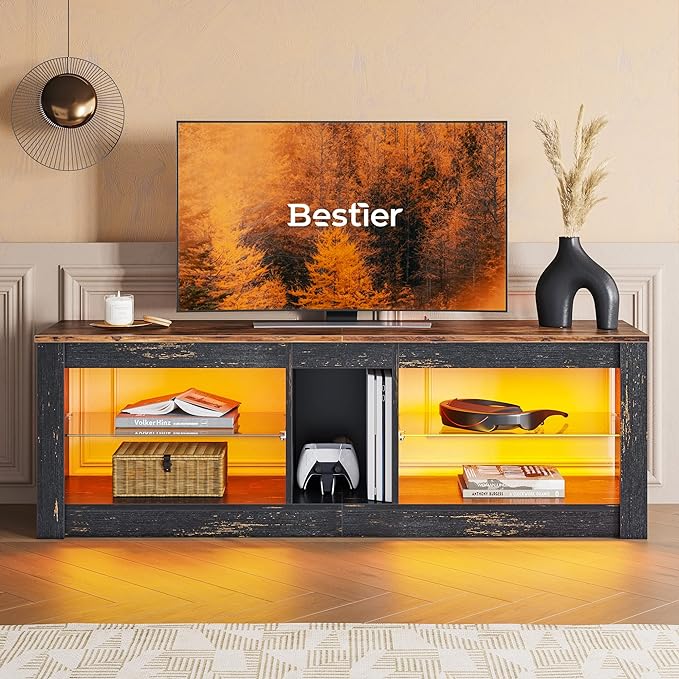 Bestier RGB TV Stand for 65+ Gaming Entertainment Center Gaming LED TV Media Console Table with 2 Glass Shelf PS Gaming TV Cabinet for Living Room, Golden Black - LeafyLoom