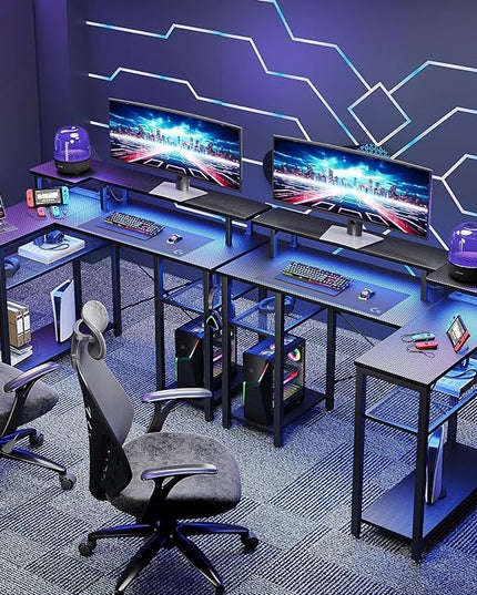Gaming Desk with Power Outlets & Music Strip Lights, L-Shaped Desk with 2-Layer Storage on Both Sides, Large Monitor Stand for Office Home - LeafyLoom
