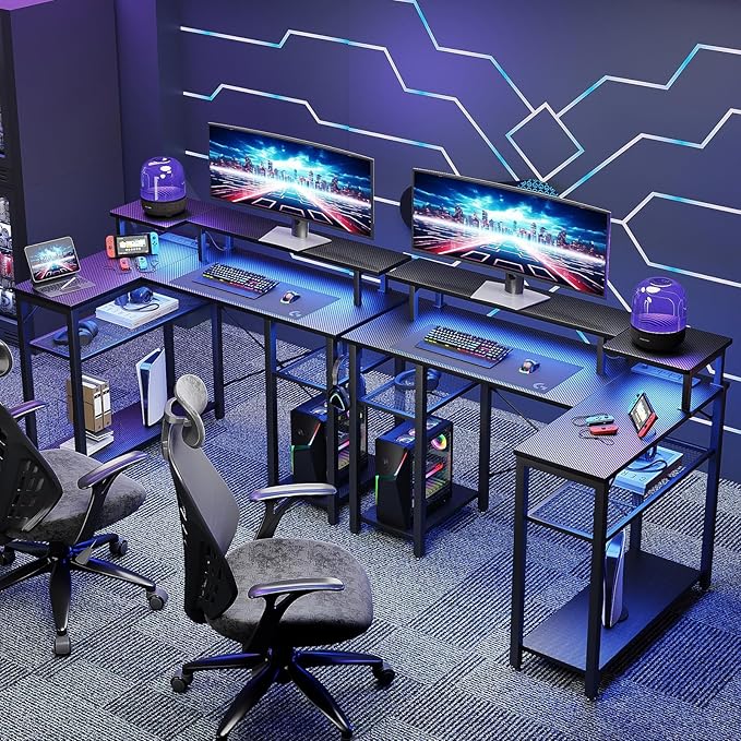 Gaming Desk with Power Outlets & Music Strip Lights, L-Shaped Desk with 2-Layer Storage on Both Sides, Large Monitor Stand for Office Home - LeafyLoom