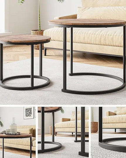 Round Coffee Table Set of 2 for Living Room,Black Small Coffee Table Living Room Table,Nesting Tables Metal Frame/Wood,Sturdy/Easy Assembly,Stacking Side Tables Bedroom,Rustic Brown - LeafyLoom