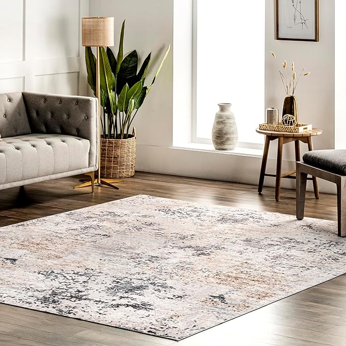 nuLOOM Danae Abstract 6 Square Machine Washable Area Rug for Living Room Bedroom Dining Room Kitchen, Ivory/Grey - LeafyLoom