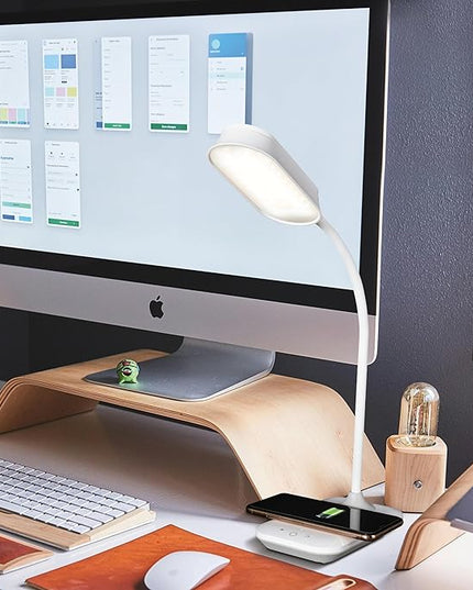 OttLite Achieve LED Sanitizing Desk Lamp Wireless Charging and USB Charging - Touch Activated, Flexible Neck, Modern Light for Reading, Crafting & Office Desktop - LeafyLoom