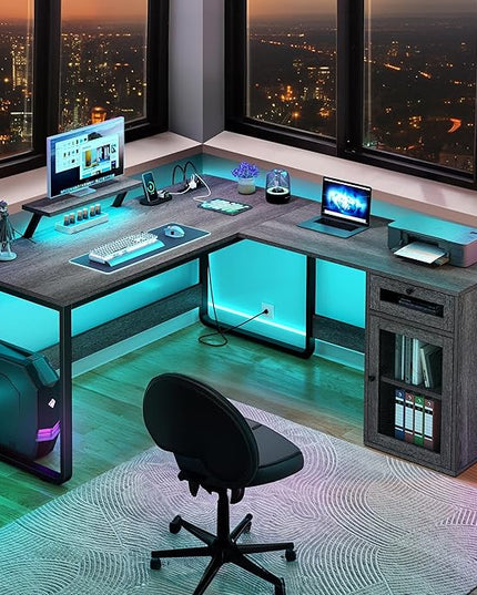 YITAHOME L Shaped Desk with Power Outlets & LED Lights, Reversible Computer Desk with Drawer & File Cabinet, Corner Office Desk with Monitor Stand, L-Shaped Gaming Desk, Grey - LeafyLoom