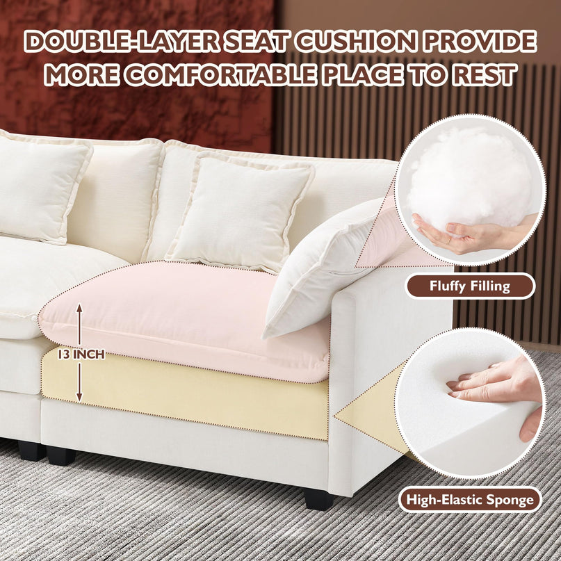 Ihanherry 111.4" L Shaped Modern Sofa Modular Sectional Cloud Couch with Ottoman, 4-Seat Chenille Deep Seat Sofa with Pillow for Living Room, Bedroom and Apartment, Beige LeafyLoom