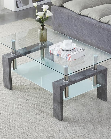 Coffee Table - Rectangle Glass Coffee Table with Simple and Classical Inspired Design, Easy Assembly for Modern Living, 39.5 * 23.5 * 17.5 inches (Grey Marble) - LeafyLoom