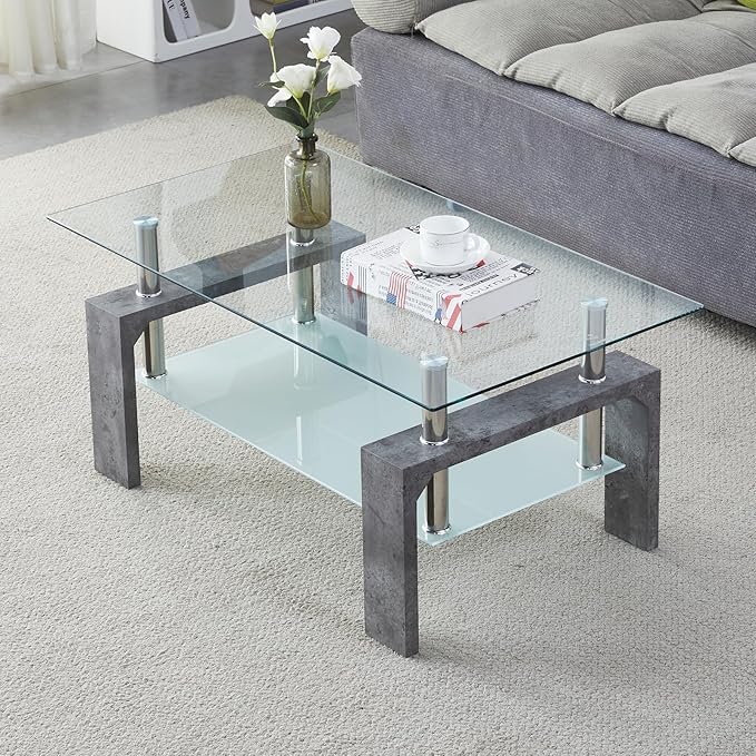 Coffee Table - Rectangle Glass Coffee Table with Simple and Classical Inspired Design, Easy Assembly for Modern Living, 39.5 * 23.5 * 17.5 inches (Grey Marble) - LeafyLoom