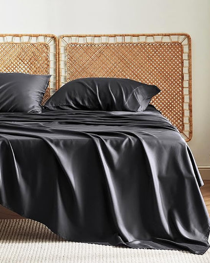 Bedsure Queen Sheets, Rayon Derived from Bamboo, Queen Cooling Sheet Set, Deep Pocket Up to 16", Breathable & Soft Bed Sheets, Hotel Luxury Silky Bedding Sheets & Pillowcases, Black - LeafyLoom