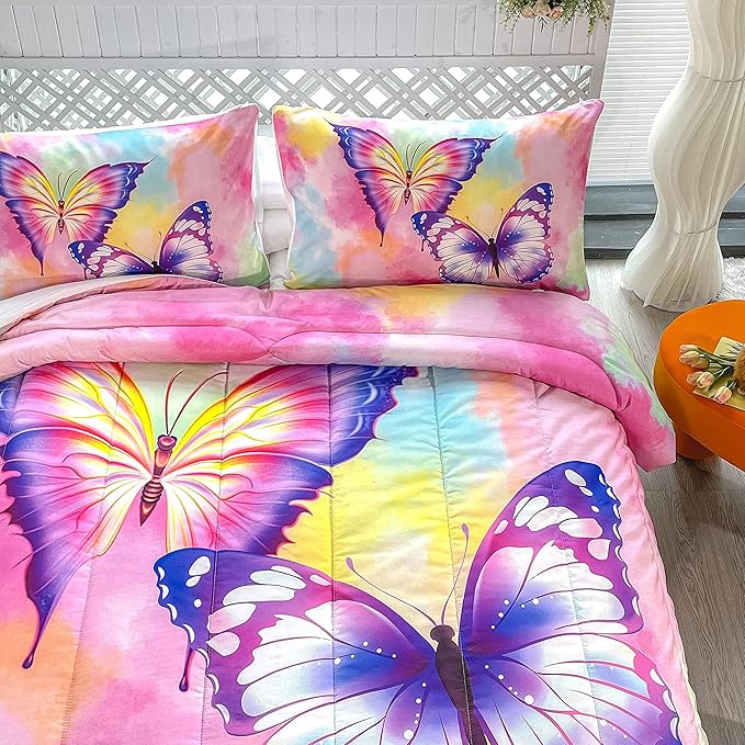 CVHOUSE Butterfly Bedding Set,Butterfly Comforter Queen,Butterfly Comforter Set for Girls Kids Teens,Butterflies Quilt Set with 1 Comforter and 2 Pillow Cases - LeafyLoom