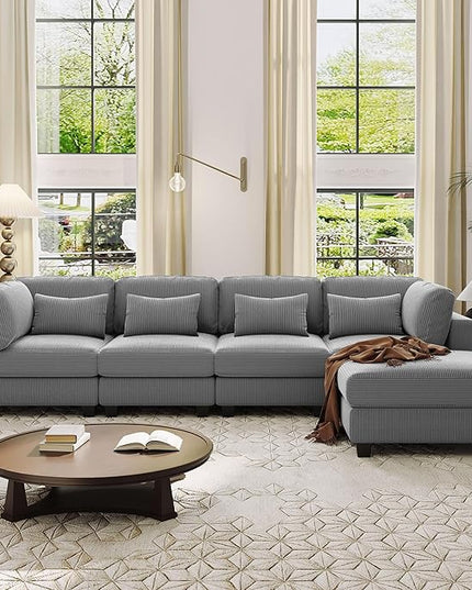 99.6" 5 Pieces L-Shaped Modular Sectional Sofa with Removable Ottomans and Waist Pillows, Modern Corduroy Fabric Upholstered Couch for Living Room, Apartment, Studio, Grey, 99.6 Inch - LeafyLoom