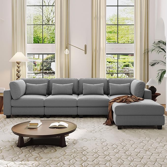 99.6" 5 Pieces L-Shaped Modular Sectional Sofa with Removable Ottomans and Waist Pillows, Modern Corduroy Fabric Upholstered Couch for Living Room, Apartment, Studio, Grey, 99.6 Inch - LeafyLoom