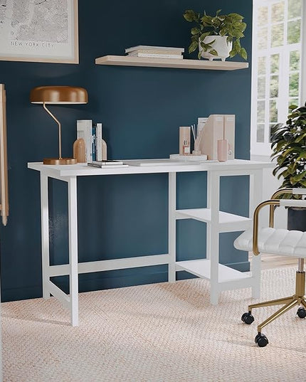 Martha Stewart Beckett Modern Trestle Desk with Open Side Shelving in White Wood Grain Finish - LeafyLoom