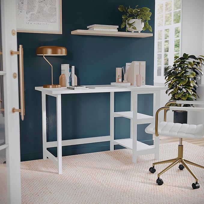 Martha Stewart Beckett Modern Trestle Desk with Open Side Shelving in White Wood Grain Finish - LeafyLoom