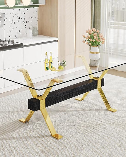 NicBex Dining Table Modern Tempered Glass Dining Table Large Modern Office Desk with Gold Plated Metal Legs and MDF Crossbars, Suitable for Both Home and Office Use, Gold + Black - LeafyLoom