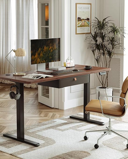 FEZIBO Standing Desk with Drawer, 63 x 24 Inches Adjustable Height Electric Stand up Desk with Storage, Sit Stand Home Office Desk, Black Walnut - LeafyLoom