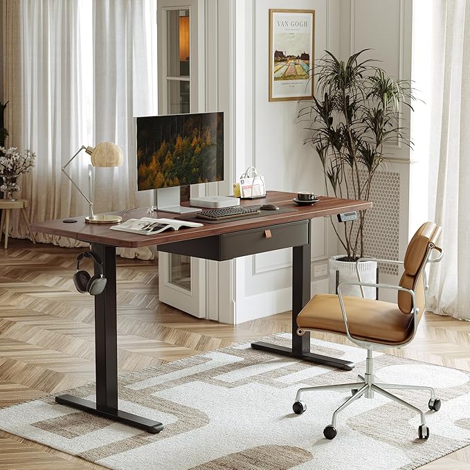 FEZIBO Standing Desk with Drawer, 63 x 24 Inches Adjustable Height Electric Stand up Desk with Storage, Sit Stand Home Office Desk, Black Walnut - LeafyLoom