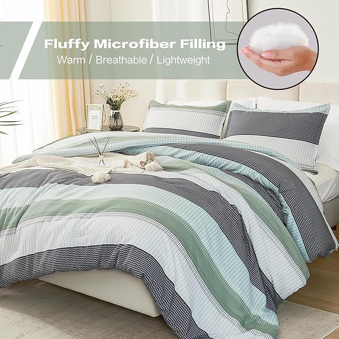 Litanika Twin/Twin XL Comforter Set Sage Green - 2 Pieces Teen Girls Boys Kids Comforter Lightweight Striped Bedding Comforter Sets (1 Comforter, 1 Pillowcase) - LeafyLoom