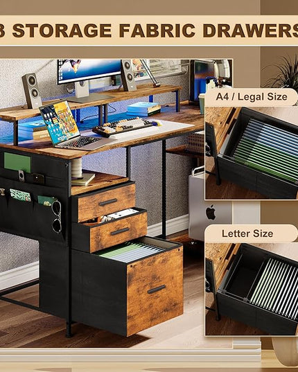 Computer Desk with 3 File Cabinet Drawers, 57.8'' Reversible Gaming Desk with LED Lights and Power Outlets, Office Desk with Storage Shelves for Home & Office (Rustic Brown) - LeafyLoom