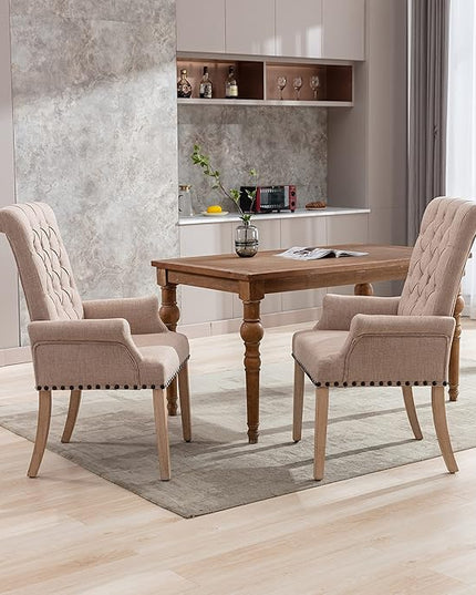 Dining Room Chairs with Arms,Tufted Upholstered High Back Nailed Trim with Untique Oak Wood Legs for Kitchen Restaurant Room Bedroom Ivory Brown - LeafyLoom