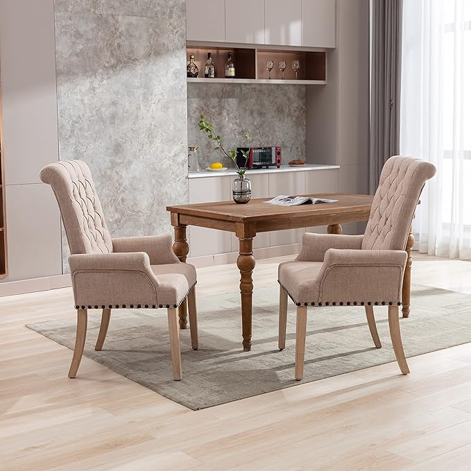 Dining Room Chairs with Arms,Tufted Upholstered High Back Nailed Trim with Untique Oak Wood Legs for Kitchen Restaurant Room Bedroom Ivory Brown - LeafyLoom