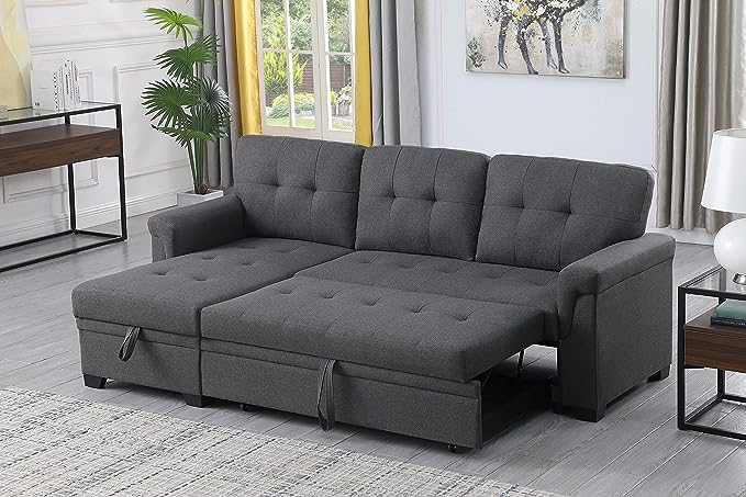 84 inch L-Shape Sectional Sleeper Couches with Chaise Storage and Pull, 3 Seater Sofa Bed w/Tufted Linen Backrest for Living Spaces Apartment Dorm, Gray, Dark Grey - LeafyLoom