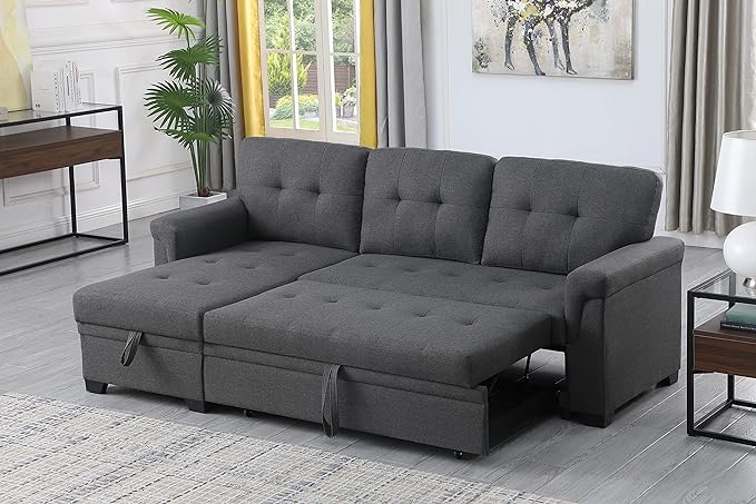 LOVMOR L-Shape Reversible Linen Fabric Sleeper Sectional Sofa with Storage Chaise, Dark Gray Corner Couch with Arms for Living Room, Home Furniture, Apartment, Dorm, 84 Inch - LeafyLoom