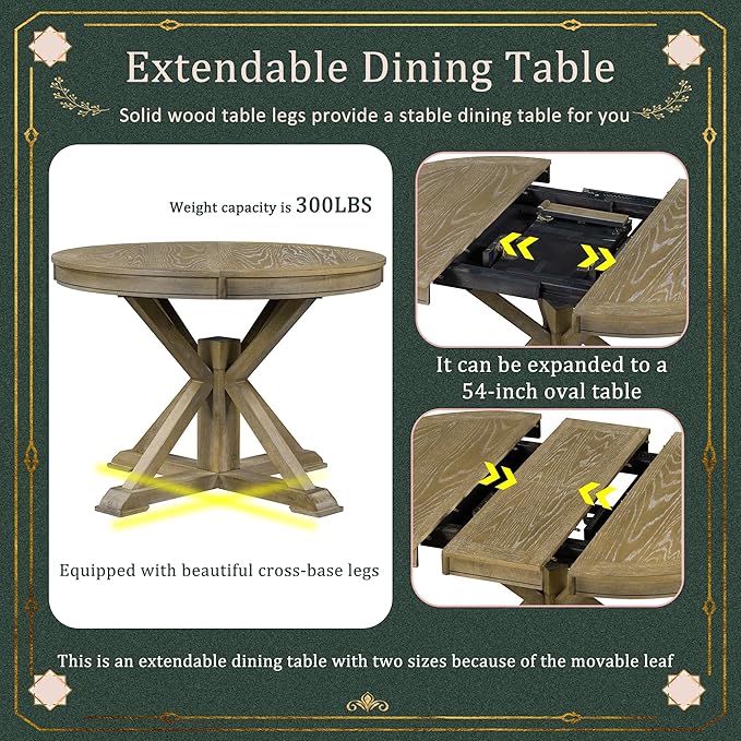 5-Piece Retro Style Dinette Sets with Round Extendable Kitchen Dining Table, 4 Upholstered Chairs, for Diningroom Living Room, Easy to Assemble, Natural Wood Wash 2 - LeafyLoom