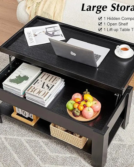 VECELO Lift Top Coffee Table with Storage Shelf and Hidden Compartment for Living Room/Office Reception, Black - LeafyLoom