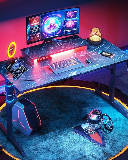 Bestier Small Gaming Desk with Monitor Stand, 42 inch LED Computer Desk, Gamer Workstation with Cup Holder & Headset Hooks, Modern Simple Style Desk for Home Office, Black Marble - LeafyLoom