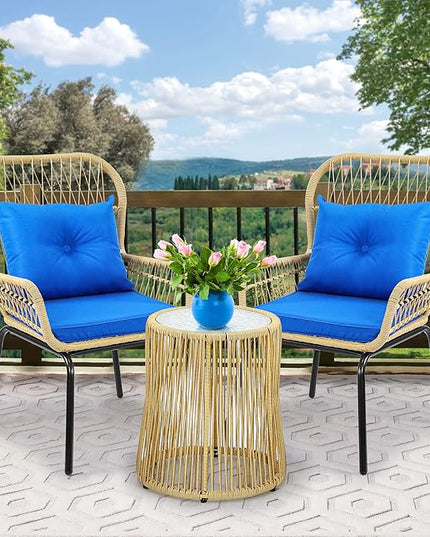 YITAHOME 3-Piece Outdoor Patio Furniture Wicker Bistro Set, All-Weather Rattan Conversation Chairs for Backyard, Balcony and Deck with Soft Cushions, Glass Side Table (Light Brown+Navy Blue) - LeafyLoom