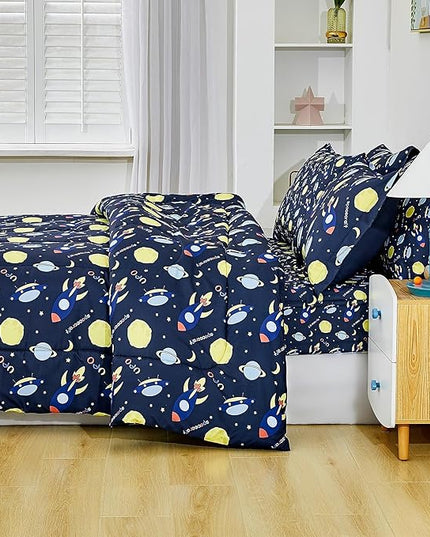 Mooreeke Bed in a Bag for Kids Girls Teens, 7 Pieces Full Size Comforter Bed Set with Shams, Sheet Set, Space Planet Blue Black Soft Microfiber Kids Comforter Bedding Set - LeafyLoom