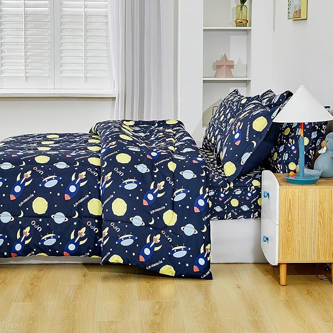 Mooreeke Bed in a Bag for Kids Girls Teens, 7 Pieces Full Size Comforter Bed Set with Shams, Sheet Set, Space Planet Blue Black Soft Microfiber Kids Comforter Bedding Set - LeafyLoom