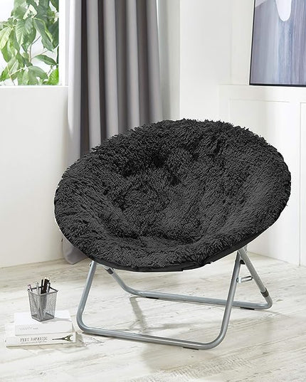 Oversized Mongolian Faux Fur Saucer Chair, Black - LeafyLoom