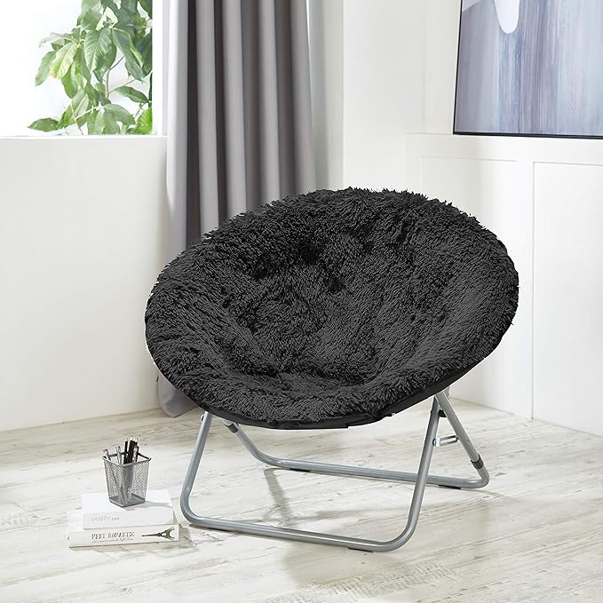 Oversized Mongolian Faux Fur Saucer Chair, Black - LeafyLoom