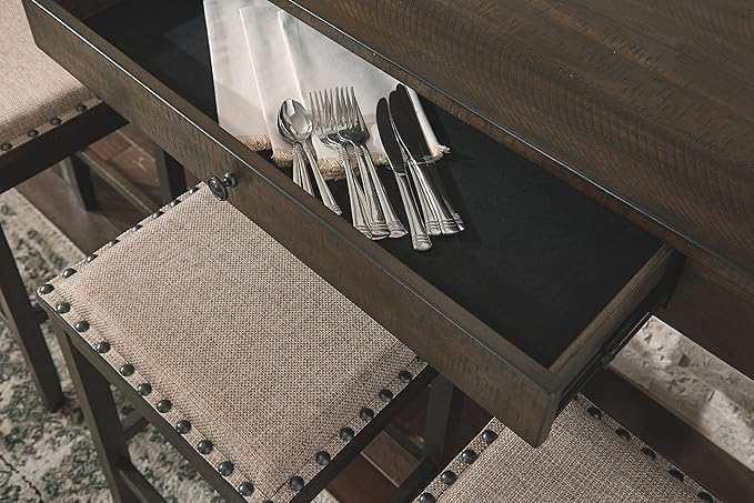 Signature Design by Ashley Rokane Urban Farmhouse 25" Counter Height Dining Room Table Set with 3 Bar Stools, Brown - LeafyLoom