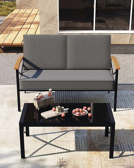 Shintenchi 2 Piece Outdoor Patio Furniture Set, Metal Sofa Chair Conversation Set, Including Loveseat and Coffee Table for Backyard, Patio, Balcony, Poolside (Dark Grey) - LeafyLoom