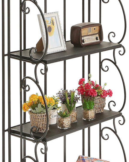 MyGift Black Metal Freestanding Shelf Rack, Decorative Bakers Rack Bookshelf Storage Shelf Unit with Metal Scrollwork Frame, Indoor Plant Pot Display Stand with 4 Wood Shelves - LeafyLoom