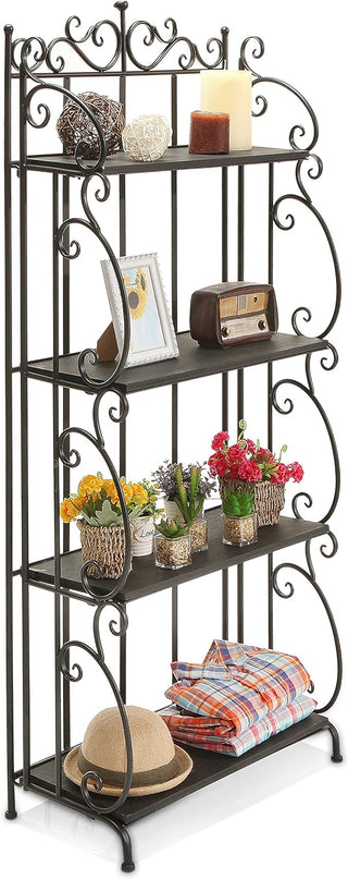 MyGift Black Metal Freestanding Shelf Rack, Decorative Bakers Rack Bookshelf Storage Shelf Unit with Metal Scrollwork Frame, Indoor Plant Pot Display Stand with 4 Wood Shelves - LeafyLoom