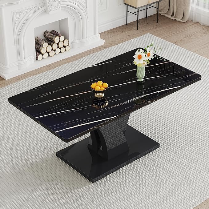 NicBex 63Inch Rectangular Dining Table,Modern Kitchen Table with Black Imitation Marble Tabletop and Black MDF Legs for 6 to 8,Large Dining Room Table for Kitchen,Meeting Living Room,Easy Clean,Black - LeafyLoom