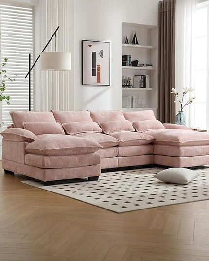 6 Seater Overstuffed Modular Sectional Sofa Cloud Couch with Double Chaise Lounge, U Shaped Chenille Upholstered Leisure Sofa&Couches with Memory Foam and Waist Pillows for Living Room Office - LeafyLoom