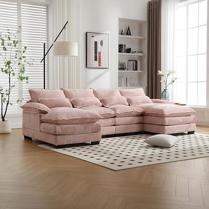 6 Seater Overstuffed Modular Sectional Sofa Cloud Couch with Double Chaise Lounge, U Shaped Chenille Upholstered Leisure Sofa&Couches with Memory Foam and Waist Pillows for Living Room Office - LeafyLoom