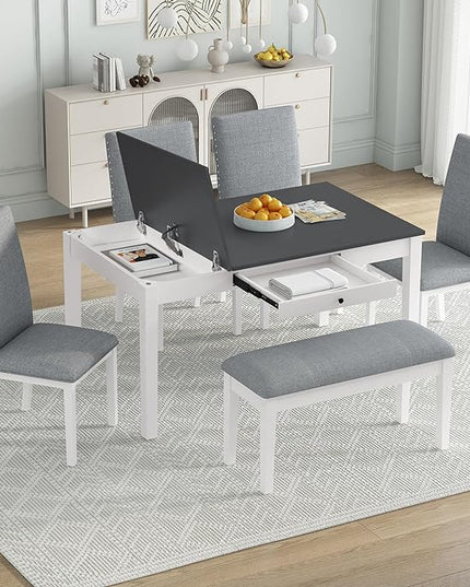Dining Table Set for 6 with Drawer, Kitchen Table Set with Storage Table, Dining Room Table Set with Storable Bench and Upholstered Chairs for Living Room, Gray+White - LeafyLoom