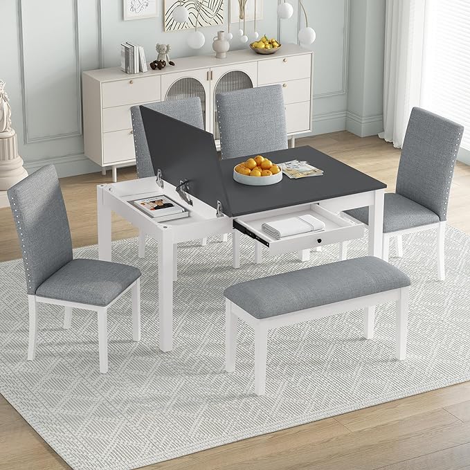 Dining Table Set for 6 with Drawer, Kitchen Table Set with Storage Table, Dining Room Table Set with Storable Bench and Upholstered Chairs for Living Room, Gray+White - LeafyLoom