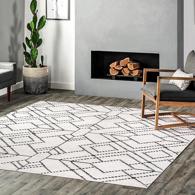 nuLOOM Echo Multi Diamond Machine Washable Ultra Thin Area Rug, 4' x 6', Ivory - LeafyLoom