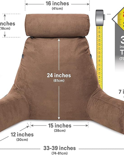 Husband Pillow XXL Aspen Edition, Adult Reading Sit Up Bed Rest Pillow for Bed with Arms & Neck Roll on Bungee Cord - Premium Memory Foam - Reversible 2 Sided Cover Micro Suede or Plush, Saddle Brown - LeafyLoom