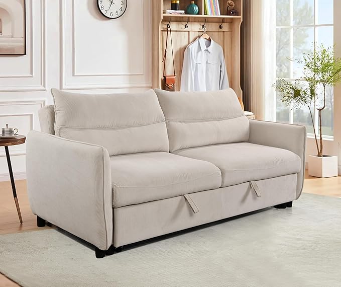 Queen Size Loveseat Sleeper Sofa,3 in 1 Soft Corduroy Upholstered Oversized Convertible Love Seat Sofabed cum Daybed W/Pull Out Sleep Couch Bed and Reclining Backrest for Living Space, 75“, Beige - LeafyLoom