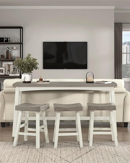 Lexicon Bar Table Set for 3, Small Kitchen table set Kitchen Island Table with 3 Saddle Bar Stools, 4 Piece Dining Table Set for Breakfast Nook, Living Room, Apartment, Counter Height, White/Coffee - LeafyLoom